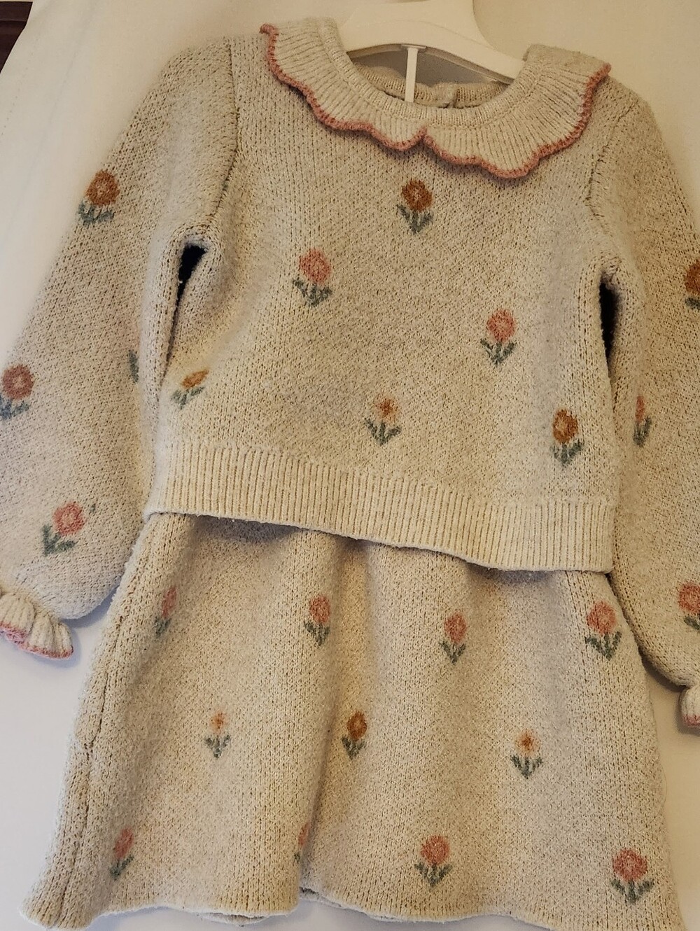 Cynthia Rowley Cream Knit Floral Two-Piece Set with Pink Trim